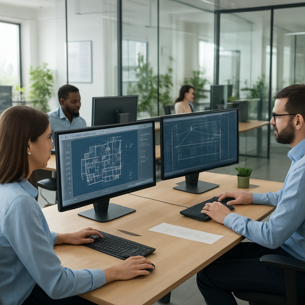 Professional office environment with civil engineering team working on CAD and technical drawings