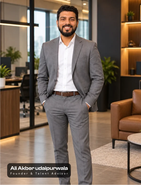 Ali Akber udaipurwala, Founder and Talent Advisor, standing in a modern office