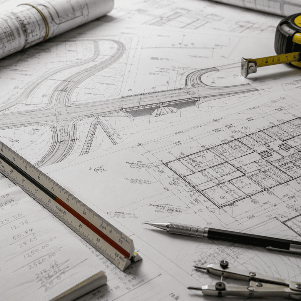 Detailed civil engineering blueprints and construction planning documents