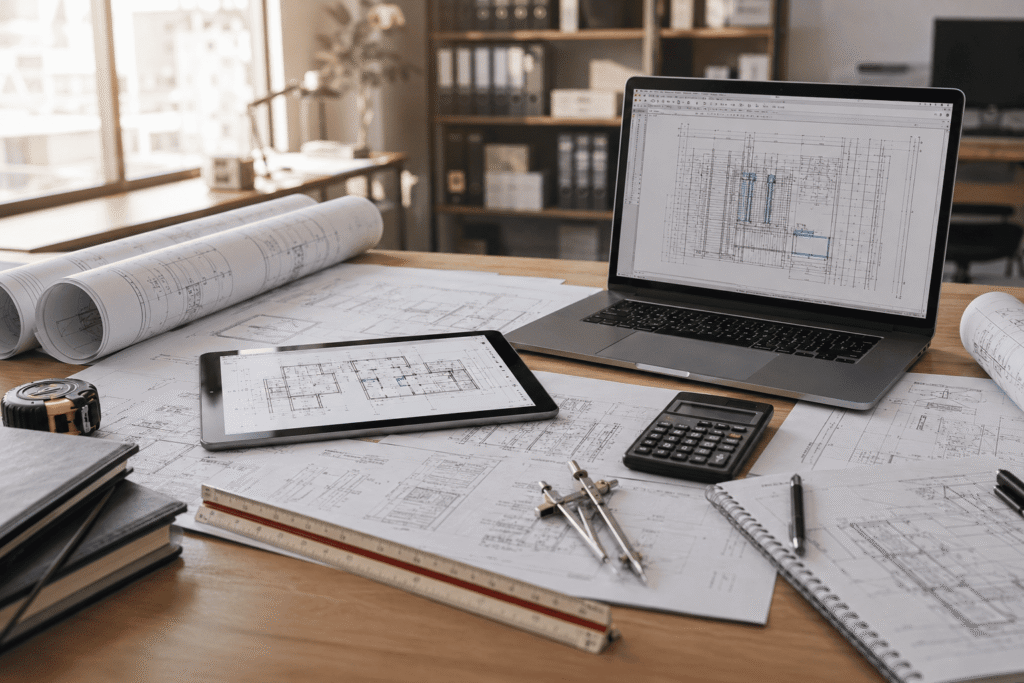 Construction planning workspace with engineering blueprints and drafting tools