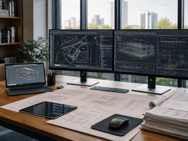 Offshore civil engineering team collaborating through digital engineering workstations