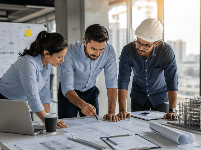 Civil engineers reviewing construction plans before hiring for a growing engineering team