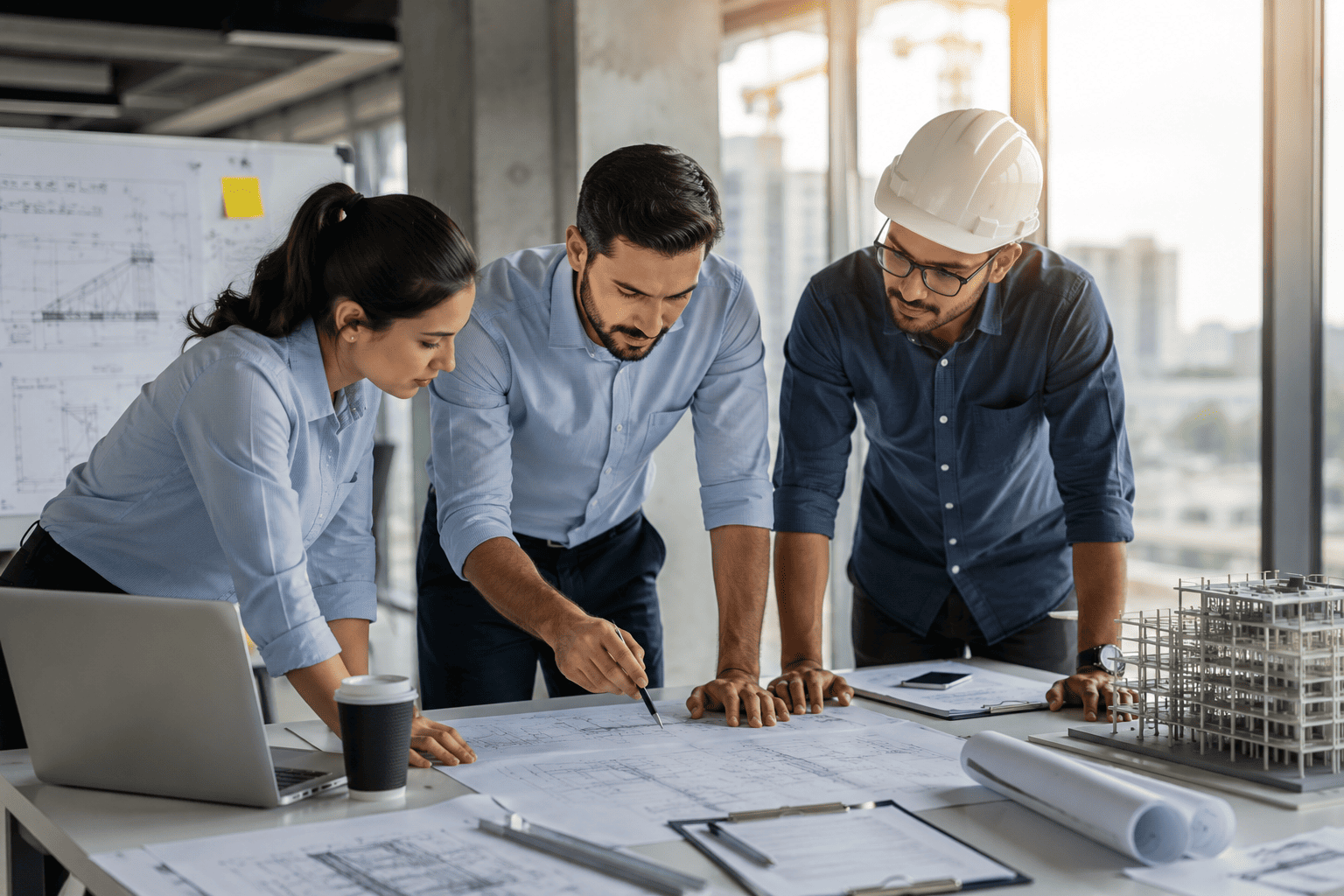 Civil engineers reviewing construction plans before hiring for a growing engineering team
