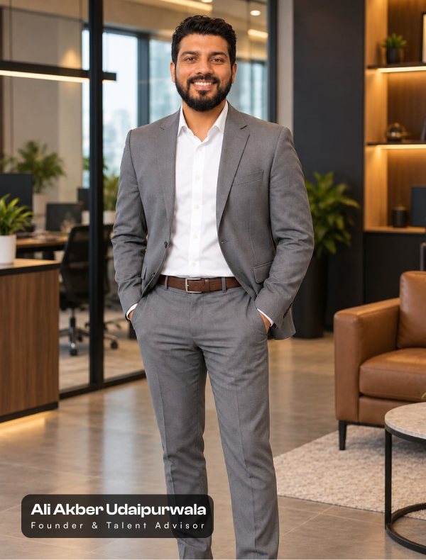 Ali Akber Udaipurwala, Founder and Talent Advisor, standing in a modern office