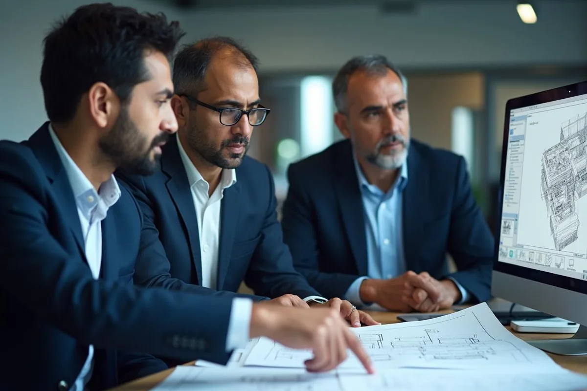 Team of South Asian engineers in business attire reviewing project plans together at a desk in an engineering office