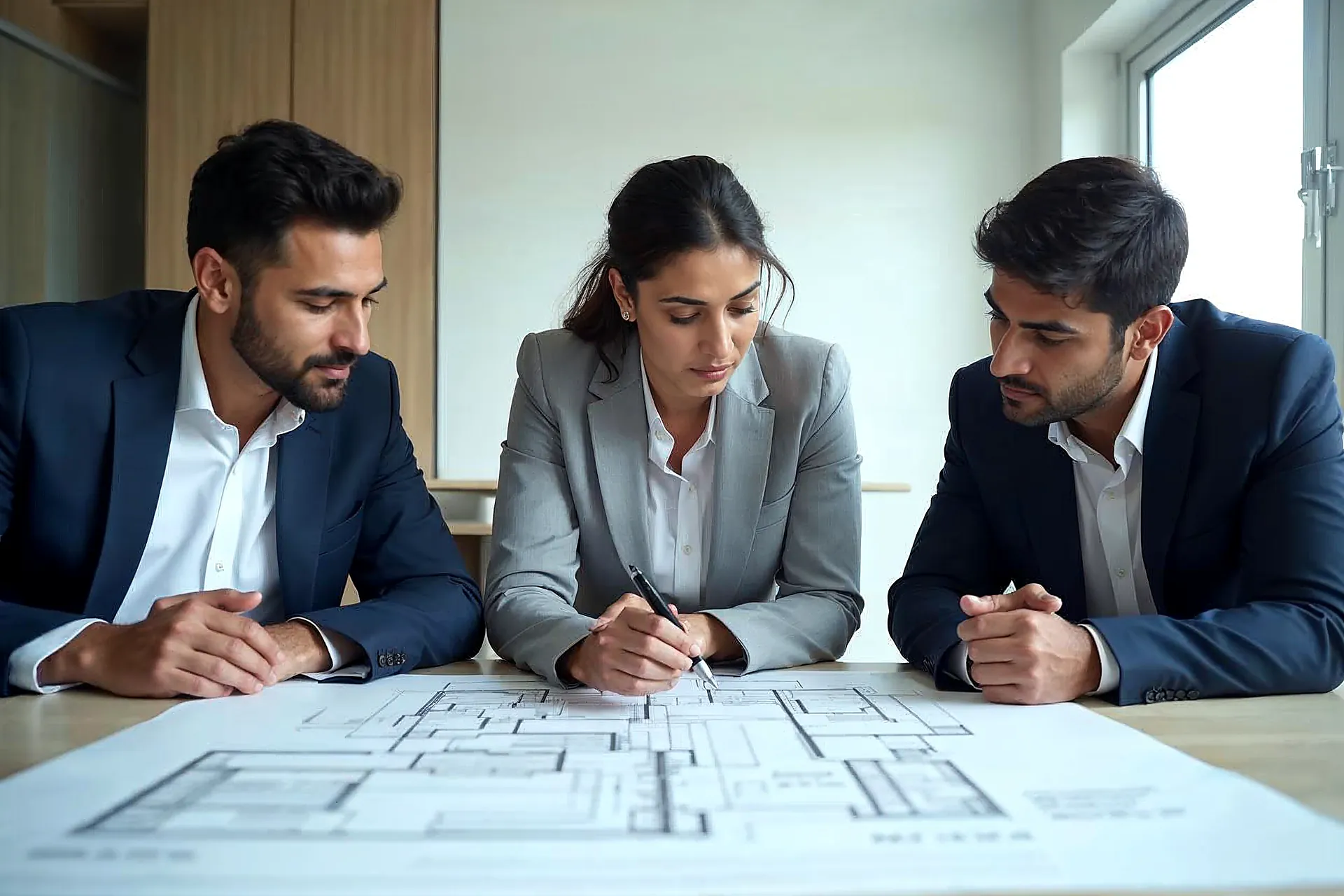 South Asian architectural team reviewing a printed floor plan together at an office table