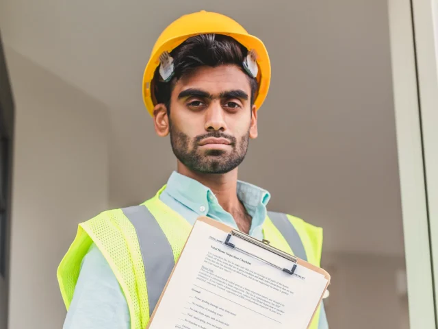 South Asian site engineer in a hard hat and high-visibility vest holding an inspection checklist on a clipboard