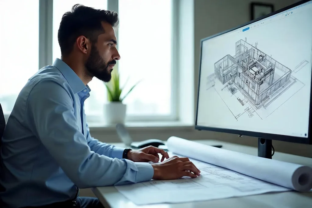 South Asian architect in business attire reviewing floor plans on a computer monitor in a modern office