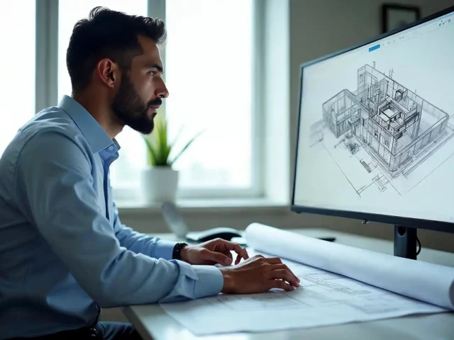 South Asian architect in business attire reviewing floor plans on a computer monitor in a modern office