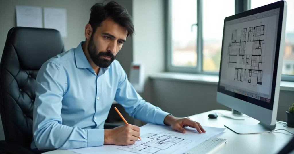 South Asian civil engineer reviewing printed floor plans at his desk with CAD drawings on a monitor in a modern engineering office