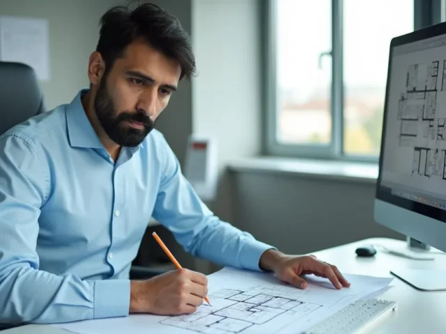South Asian civil engineer reviewing printed floor plans at his desk with CAD drawings on a monitor in a modern engineering office