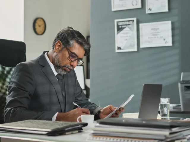 South Asian project coordinator in a blazer and collared shirt working through project documents at his desk in a modern office.