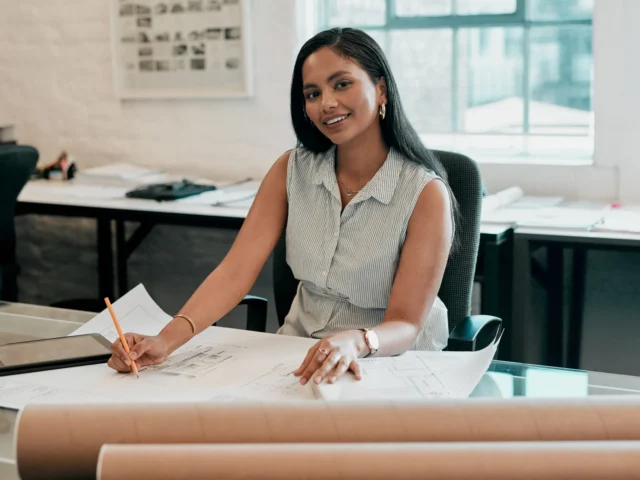 Virtual assistant for architects marking up floor plan drawings at an architecture studio desk, with a tablet and rolled blueprints nearby